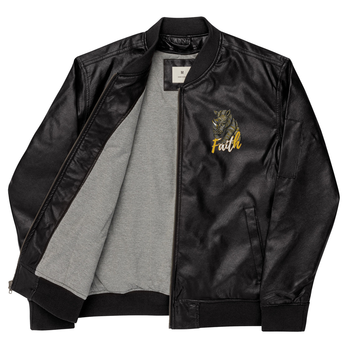 Rhinocerous kinda Faith Leather Bomber Jacket Embroidery