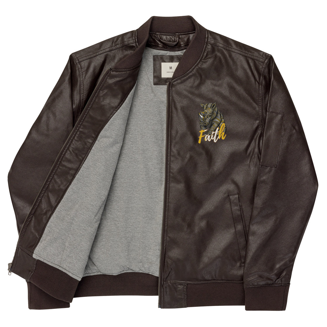 Rhinocerous kinda Faith Leather Bomber Jacket Embroidery